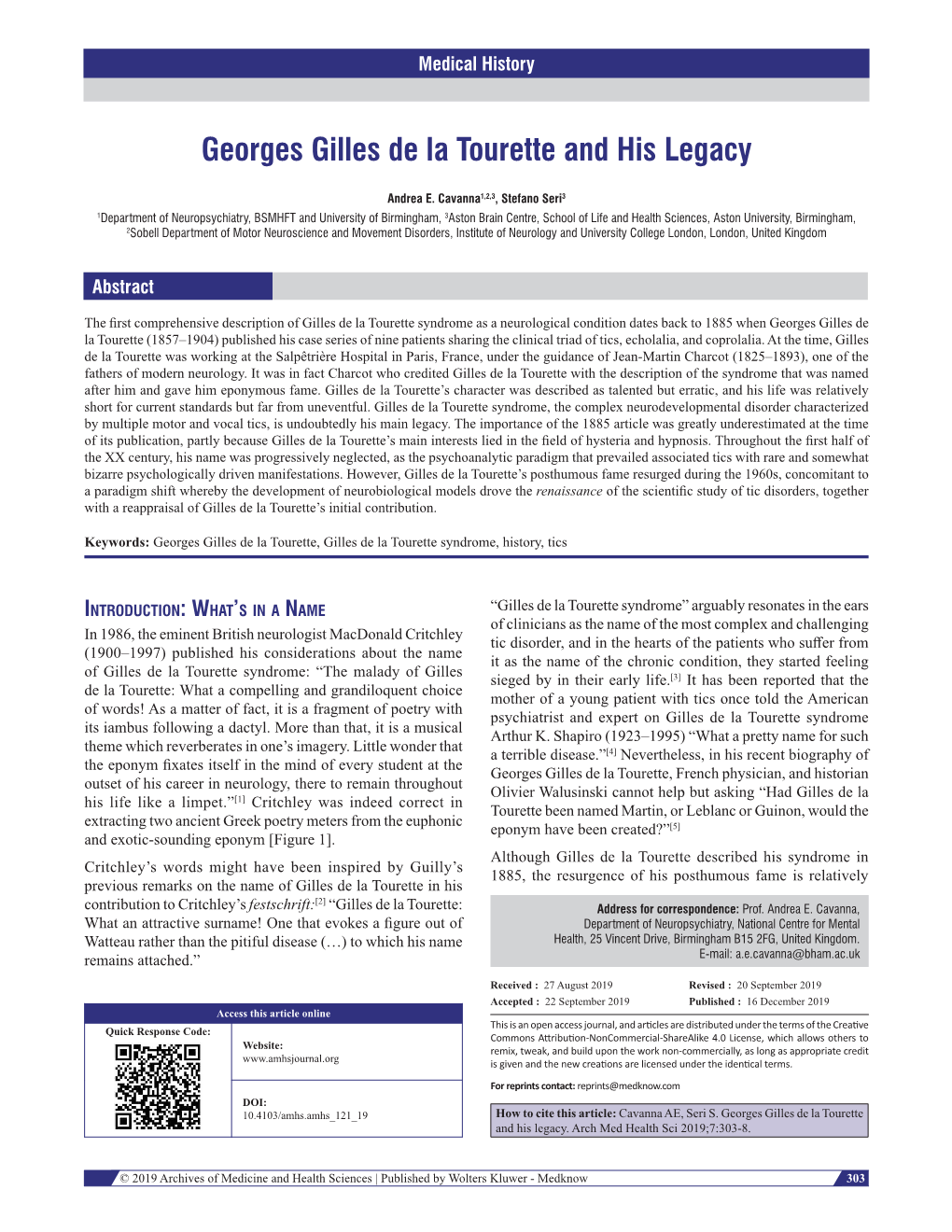 Georges Gilles De La Tourette and His Legacy