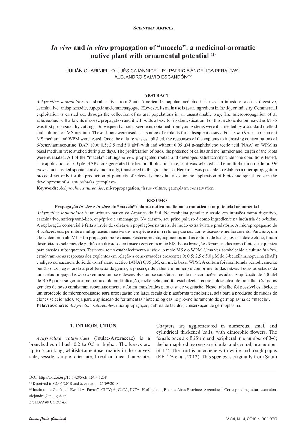 In Vivo and in Vitro Propagation of “Macela”: a Medicinal-Aromatic Native Plant with Ornamental Potential (1)