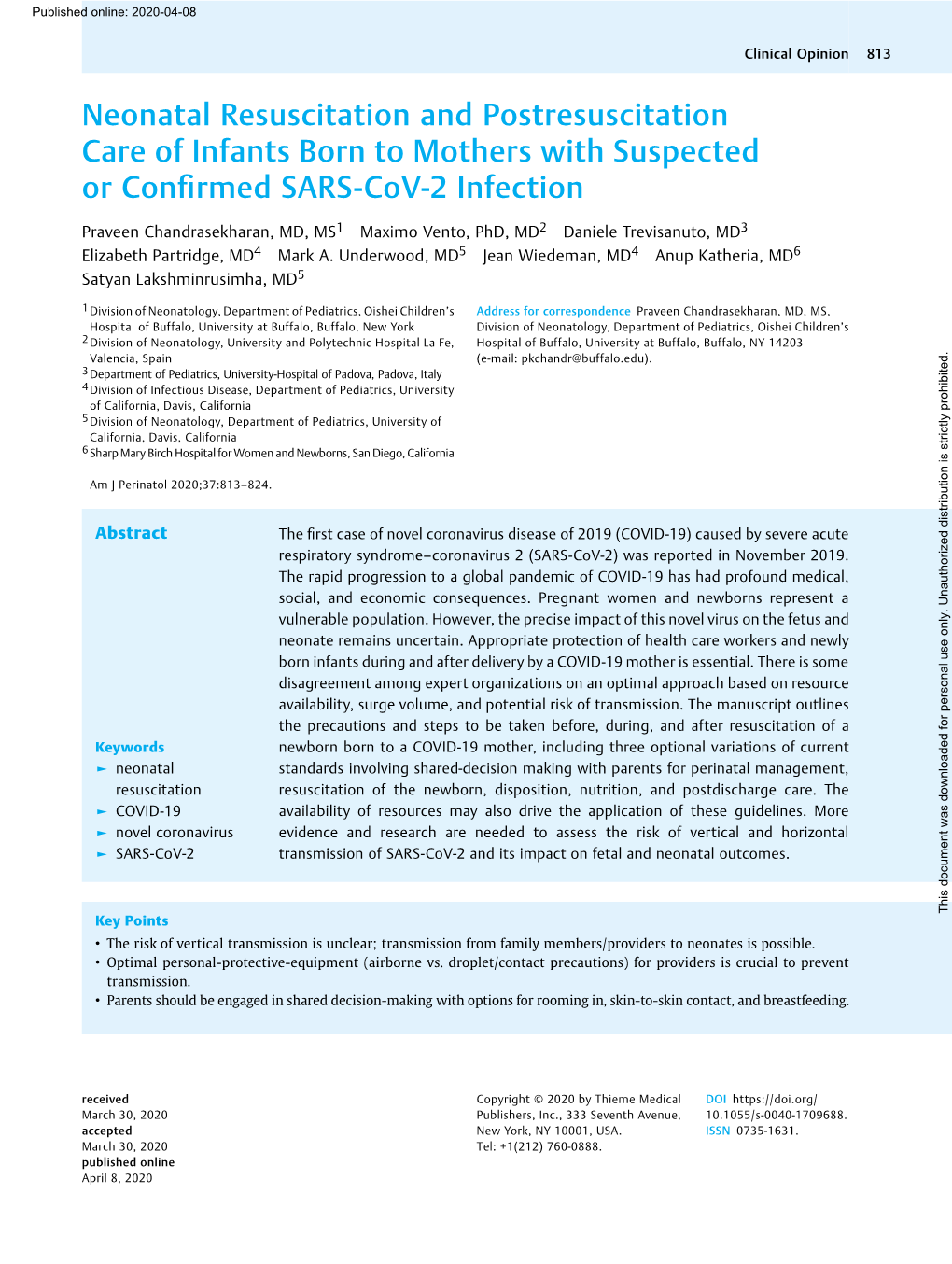 Neonatal Resuscitation and Postresuscitation Care of Infants Born to Mothers with Suspected Or Conﬁrmed SARS-Cov-2 Infection