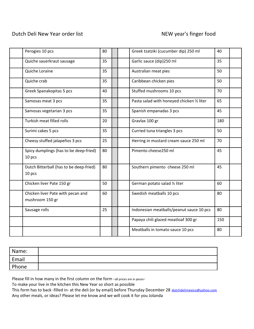 Dutch Deli New Year Order List NEW Year's Finger Food