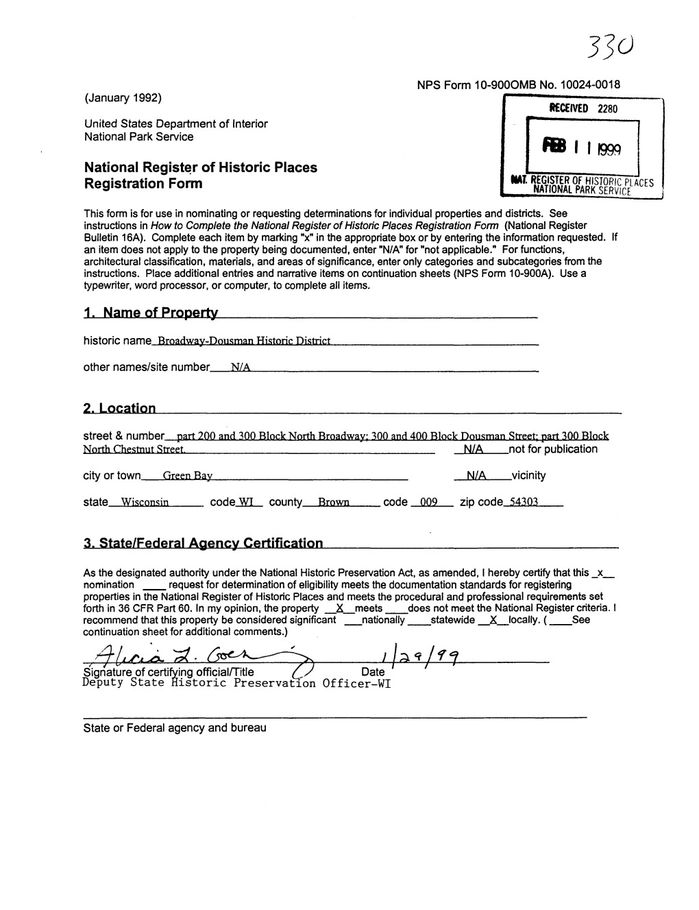 A*/*? Signature of Certifying Official/Title / X Date Deputy State Historic Preservation Officer-WI