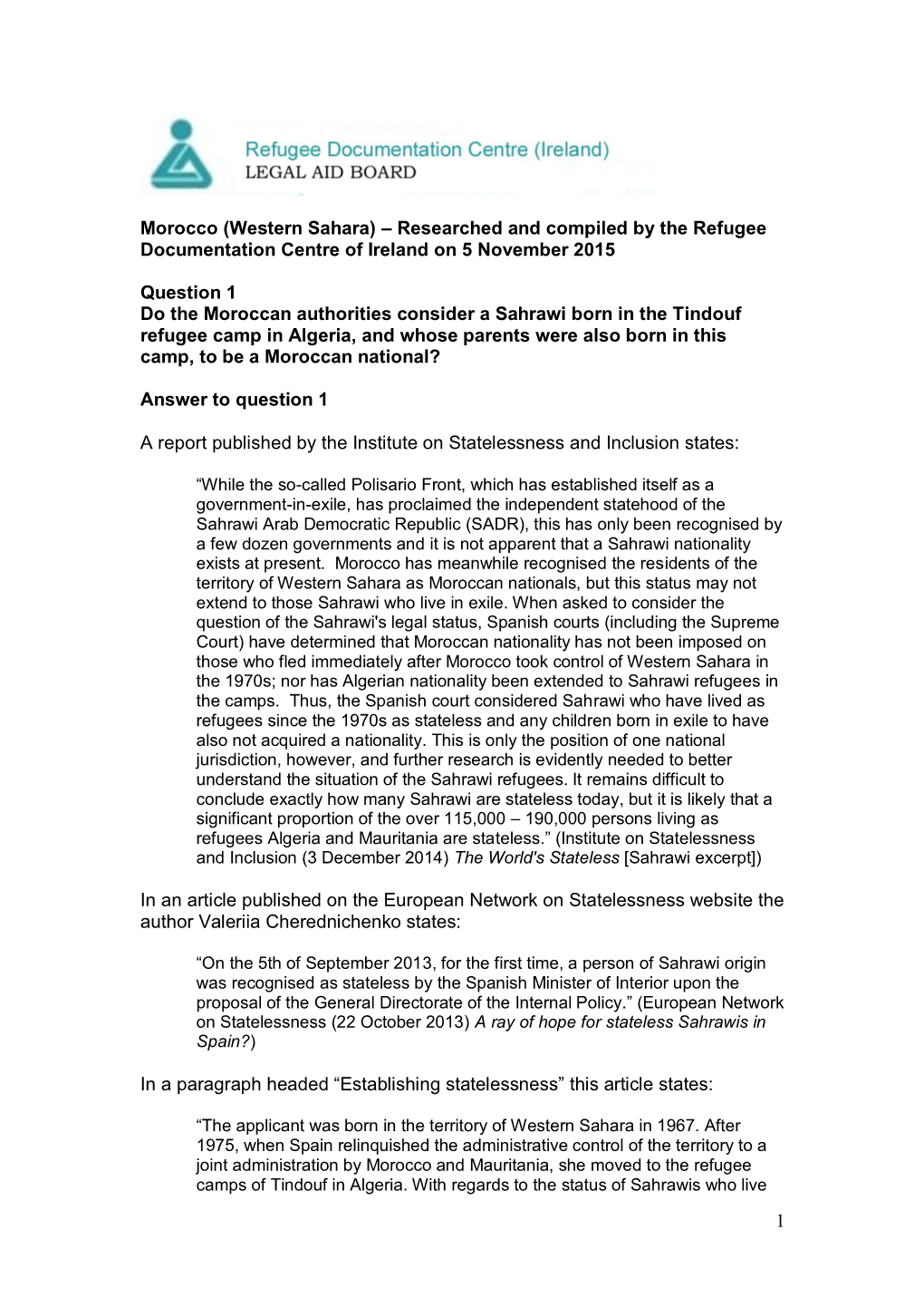 Western Sahara) – Researched and Compiled by the Refugee Documentation Centre of Ireland on 5 November 2015