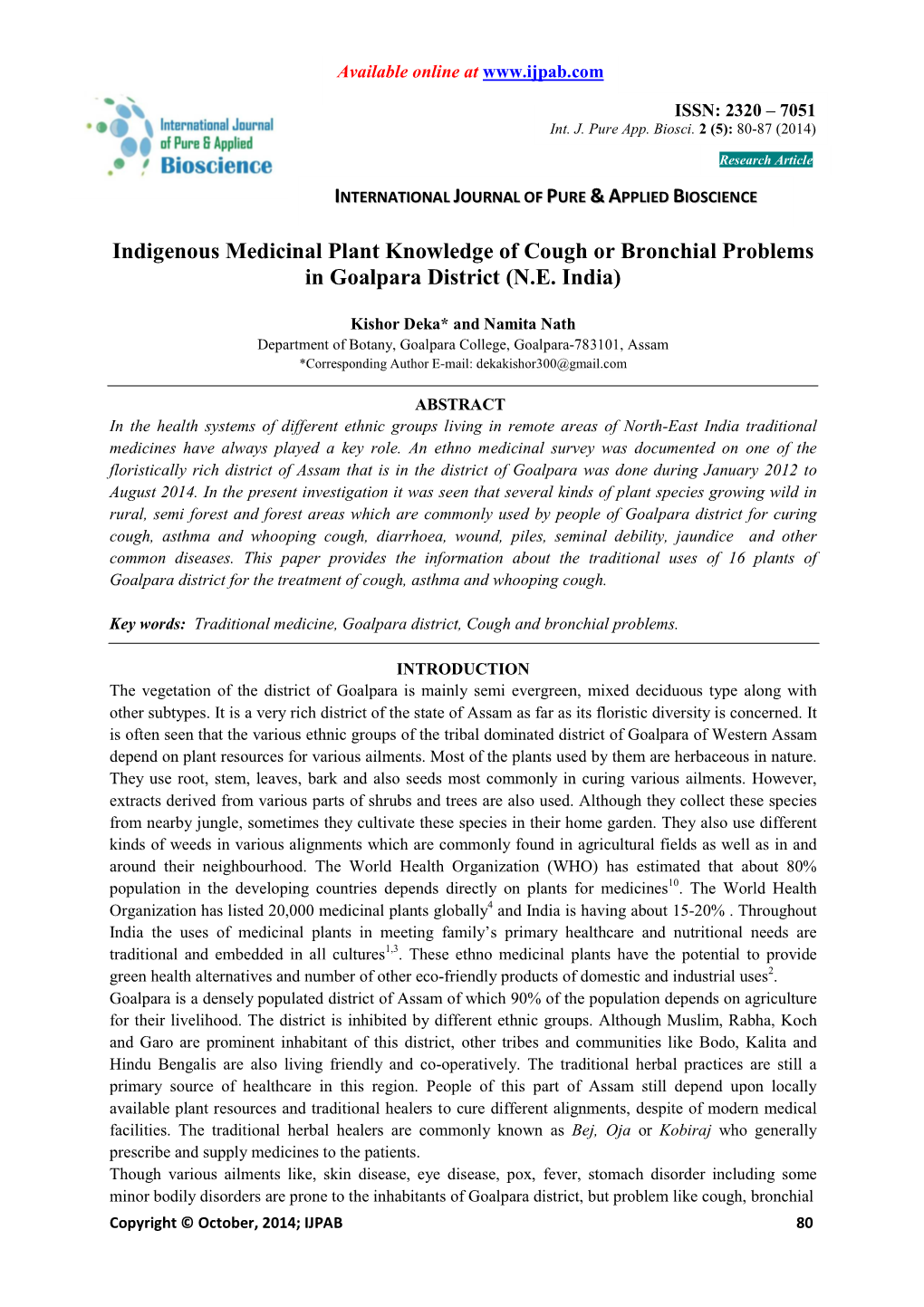 Indigenous Medicinal Plant Knowledge of Cough Or Bronchial Problems in Goalpara District (N.E