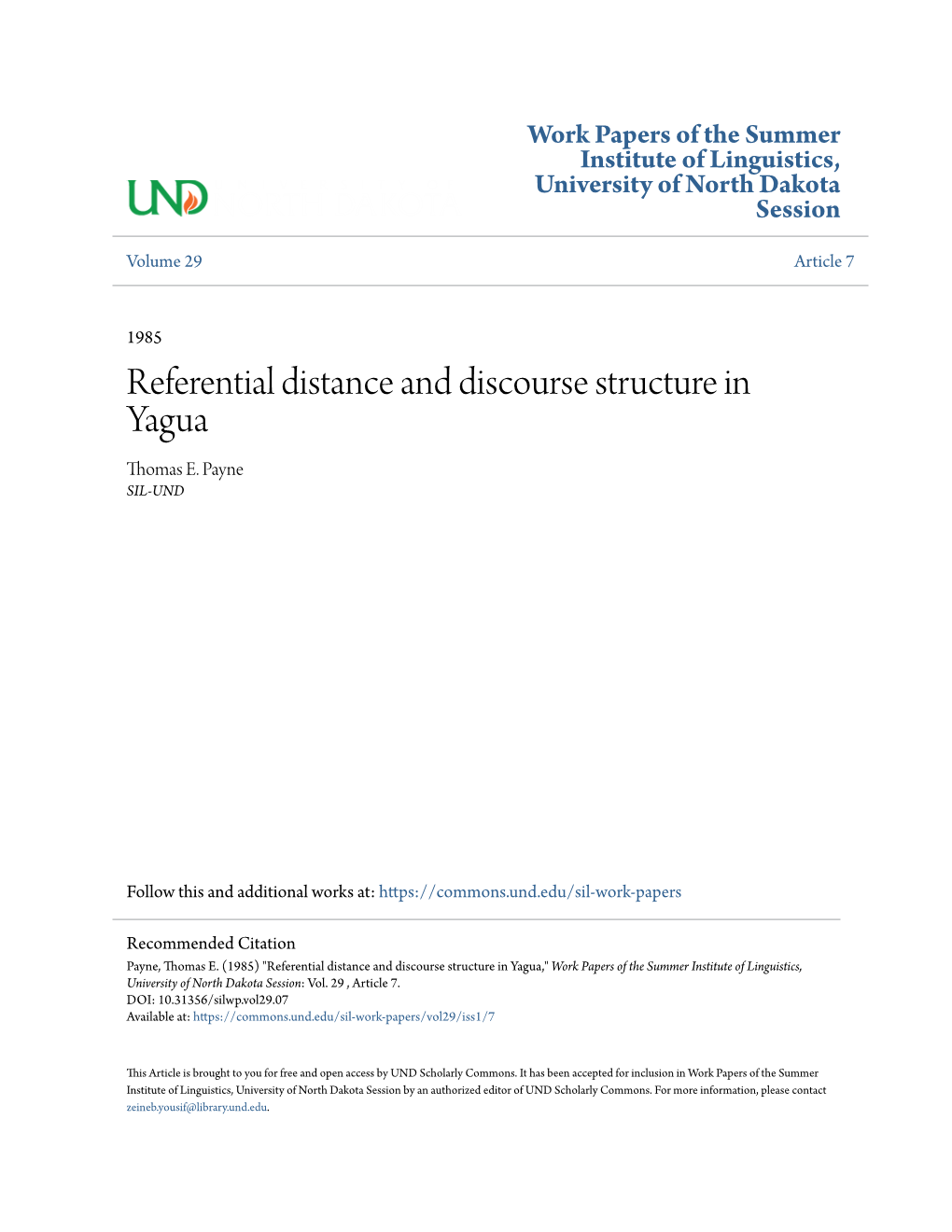 Referential Distance and Discourse Structure in Yagua Thomas E