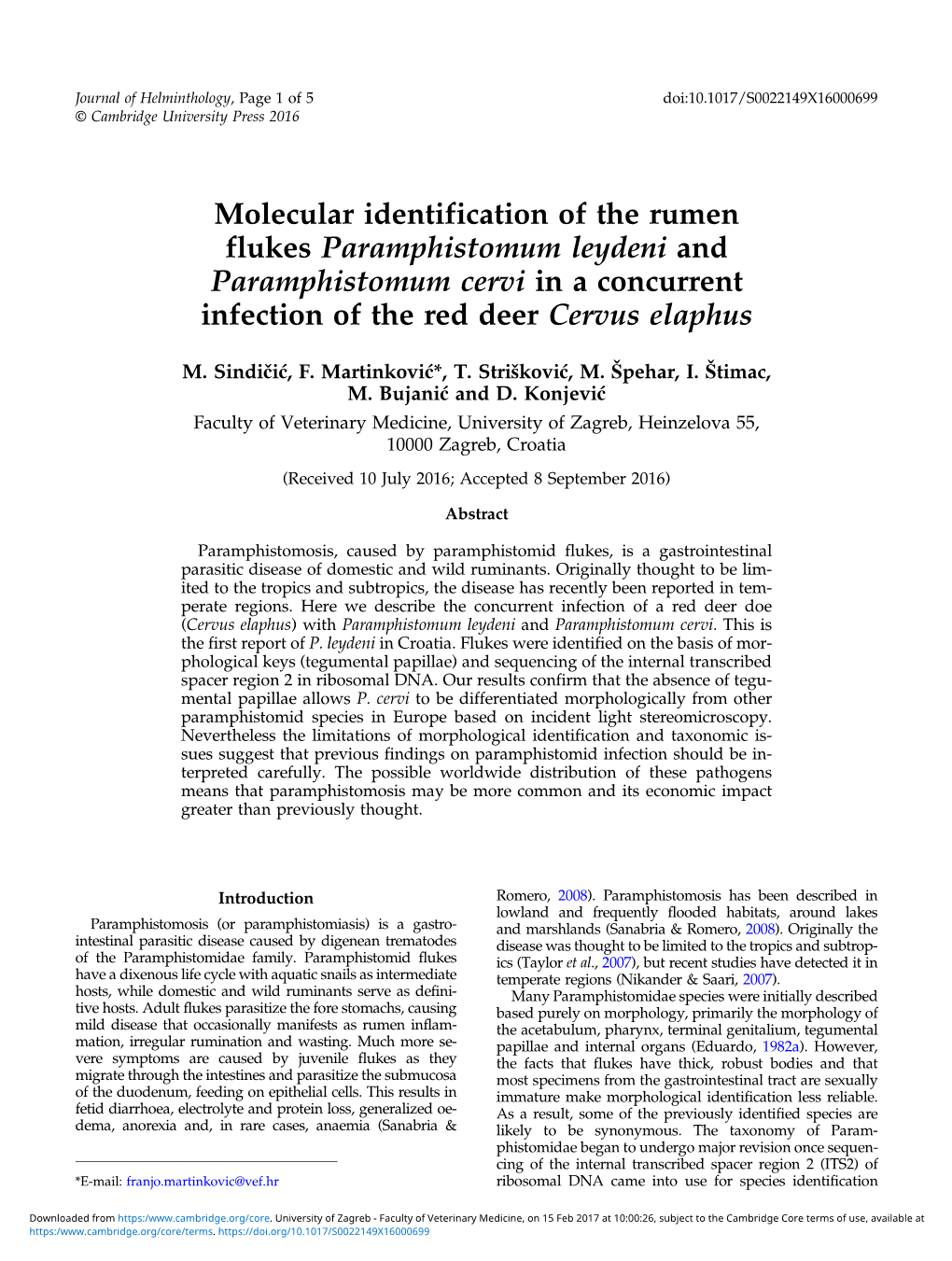 Molecular Identification of the Rumen Flukes Paramphistomum Leydeni and Paramphistomum Cervi in a Concurrent Infection of the Red Deer Cervus Elaphus