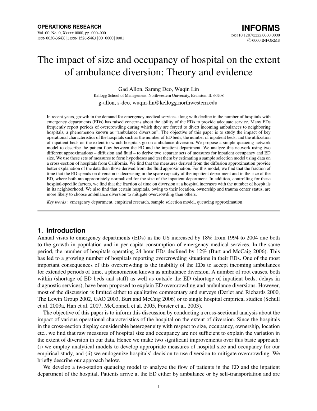 The Impact of Size and Occupancy of Hospital on the Extent of Ambulance Diversion: Theory and Evidence