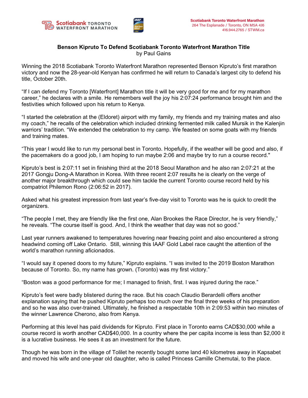 Benson Kipruto to Defend Scotiabank Toronto Waterfront Marathon Title by Paul Gains