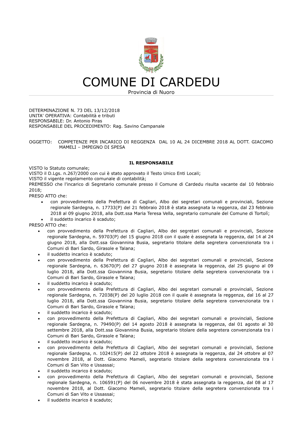 COMUNE DI CARDEDU Provincia Di Nuoro