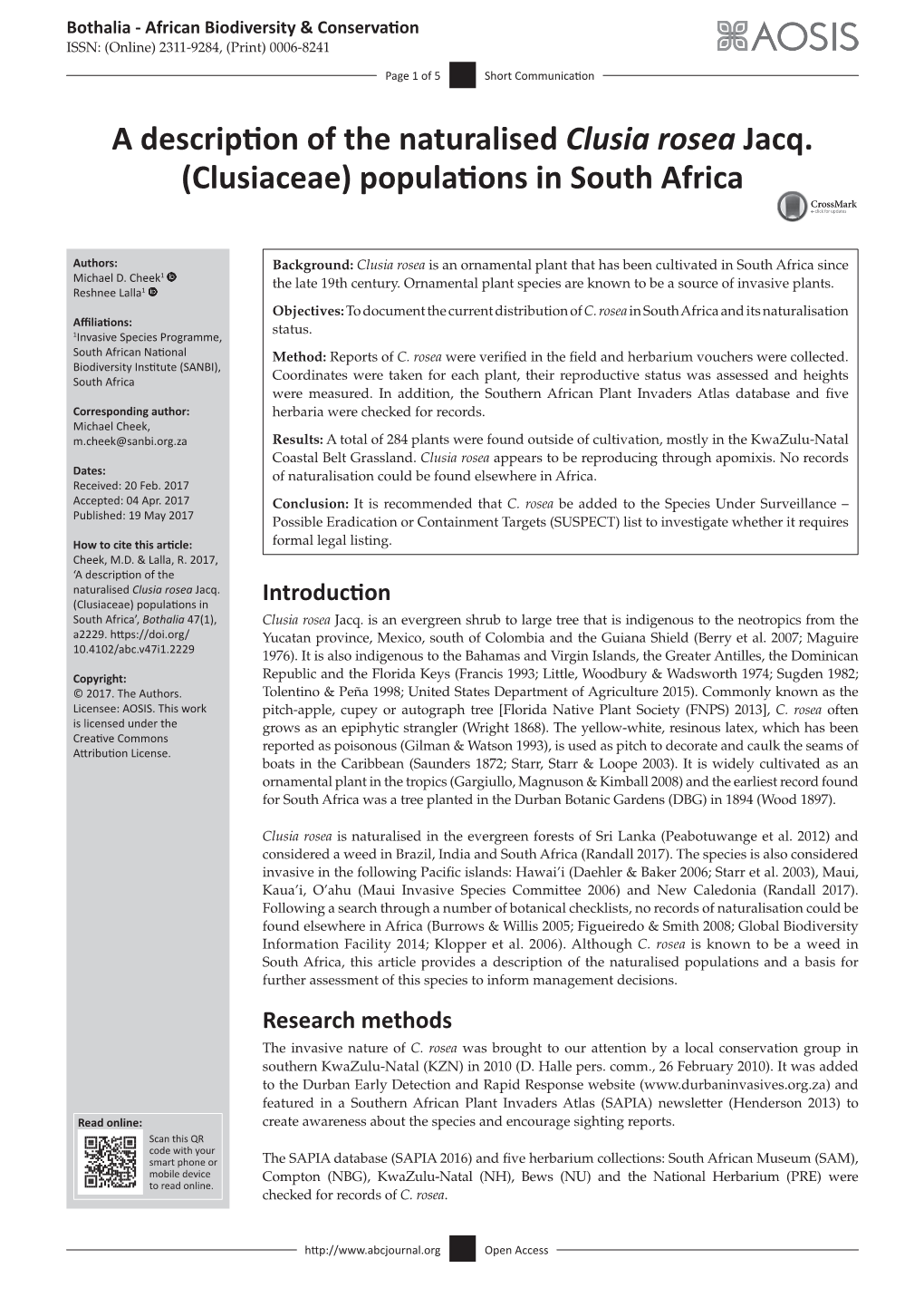 A Description of the Naturalised Clusia Rosea Jacq. (Clusiaceae) Populations in Introduction South Africa’, Bothalia 47(1), Clusia Rosea Jacq