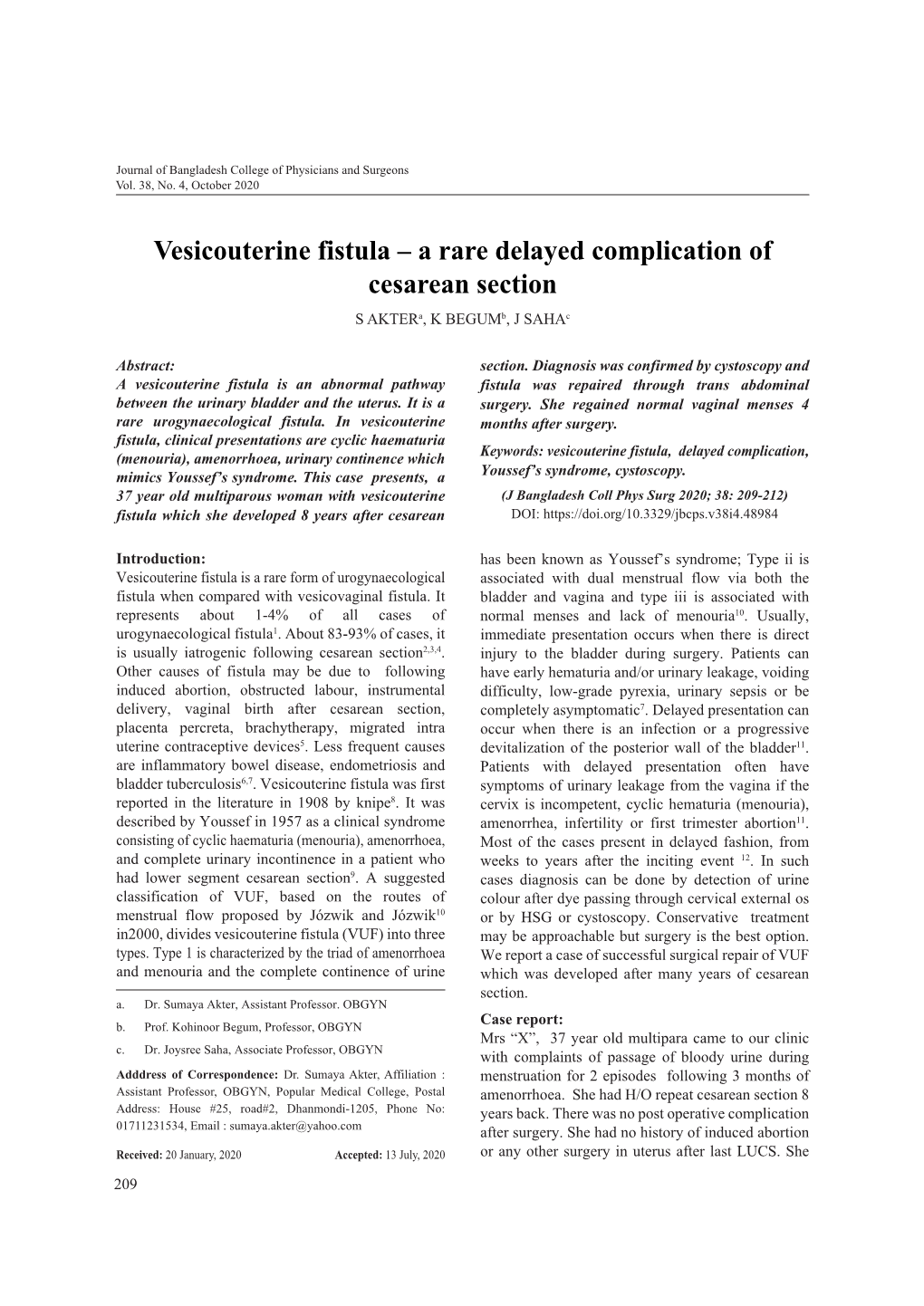 Vesicouterine Fistula – a Rare Delayed Complication of Cesarean Section S Akter Et Al Complications, Likeanaemia