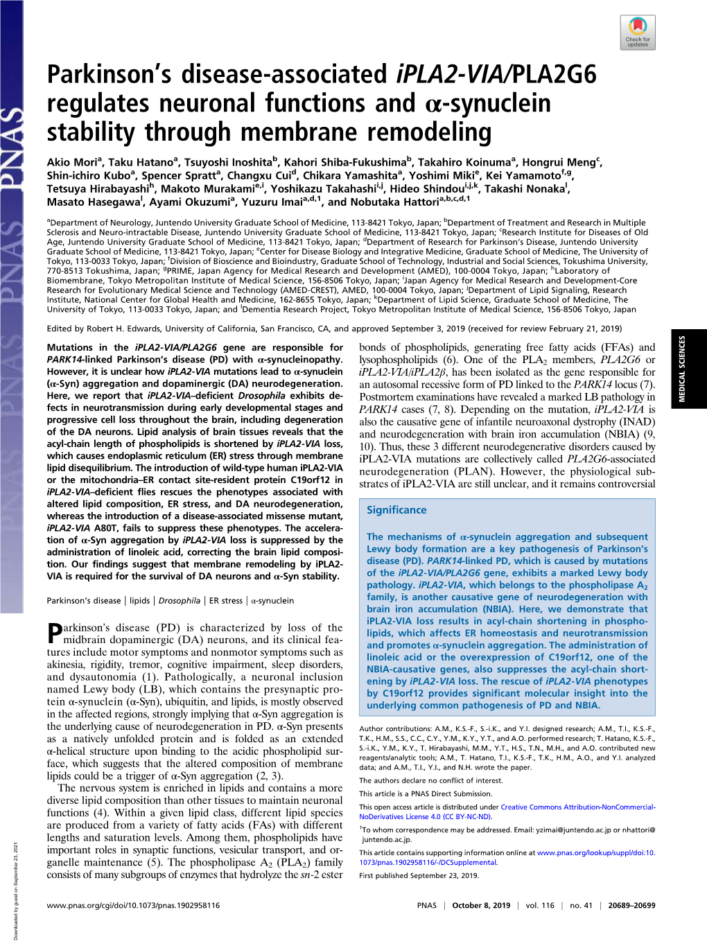 Parkinson's Disease-Associated Ipla2-VIA/PLA2G6 Regulates Neuronal