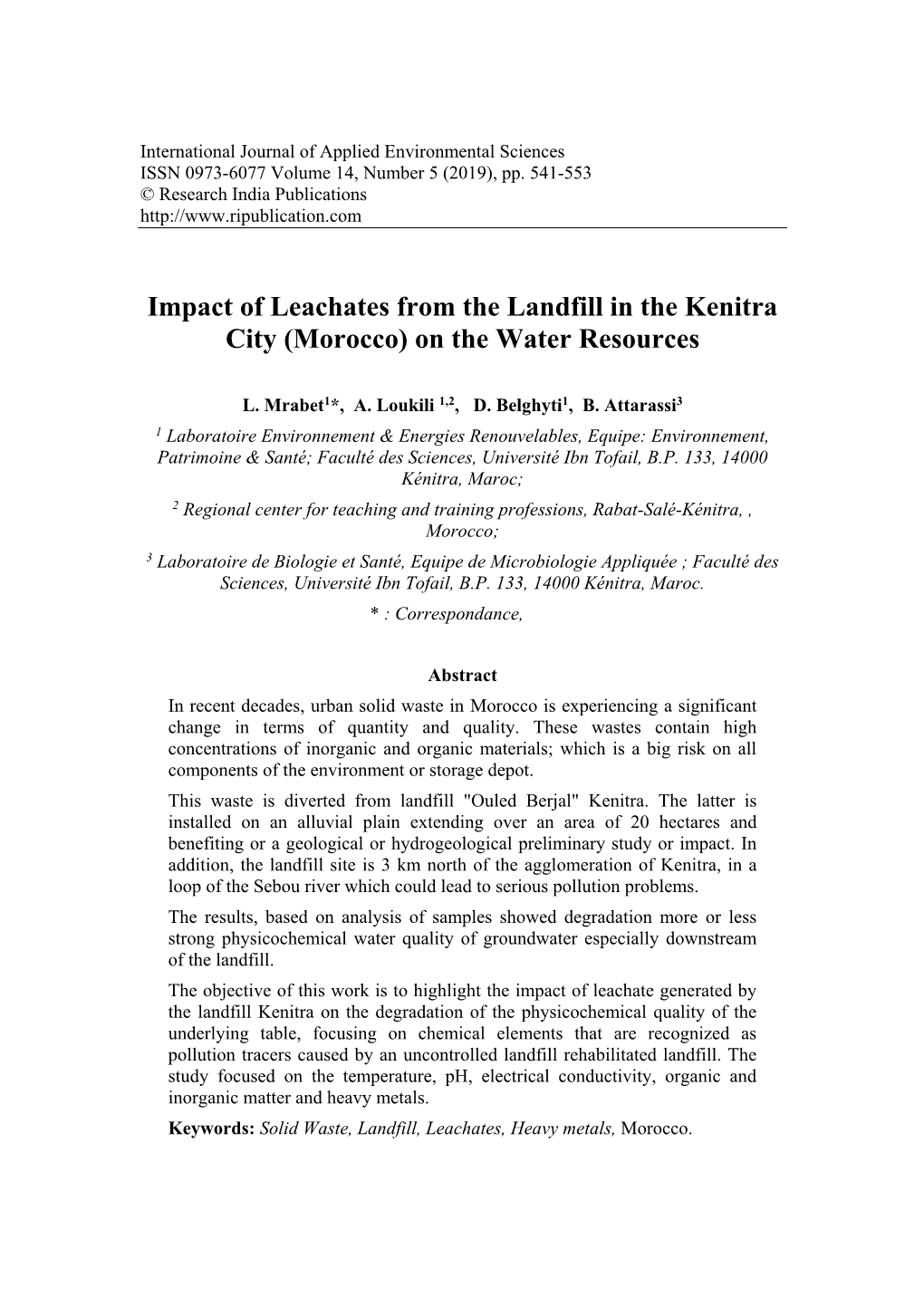 Impact of Leachates from the Landfill in the Kenitra City (Morocco) on the Water Resources