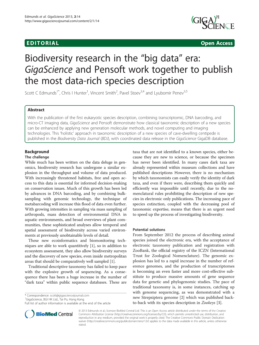 Biodiversity Research in the “Big Data” Era: Gigascience and Pensoft Work