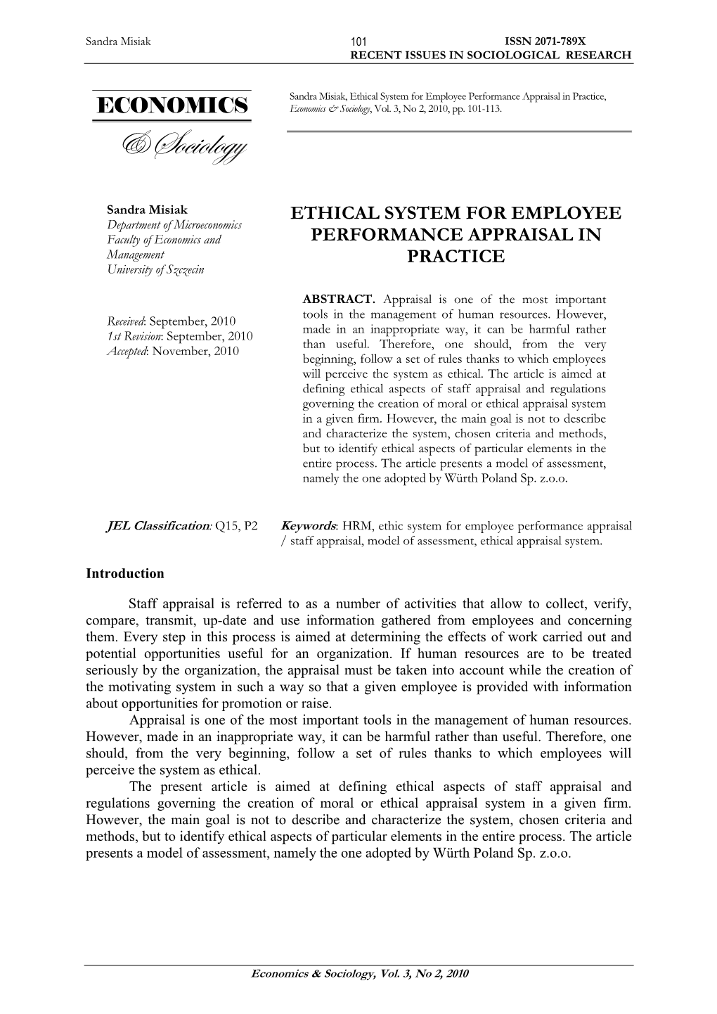 Ethical System for Employee Performance Appraisal in Practice, Economics & Sociology, Vol