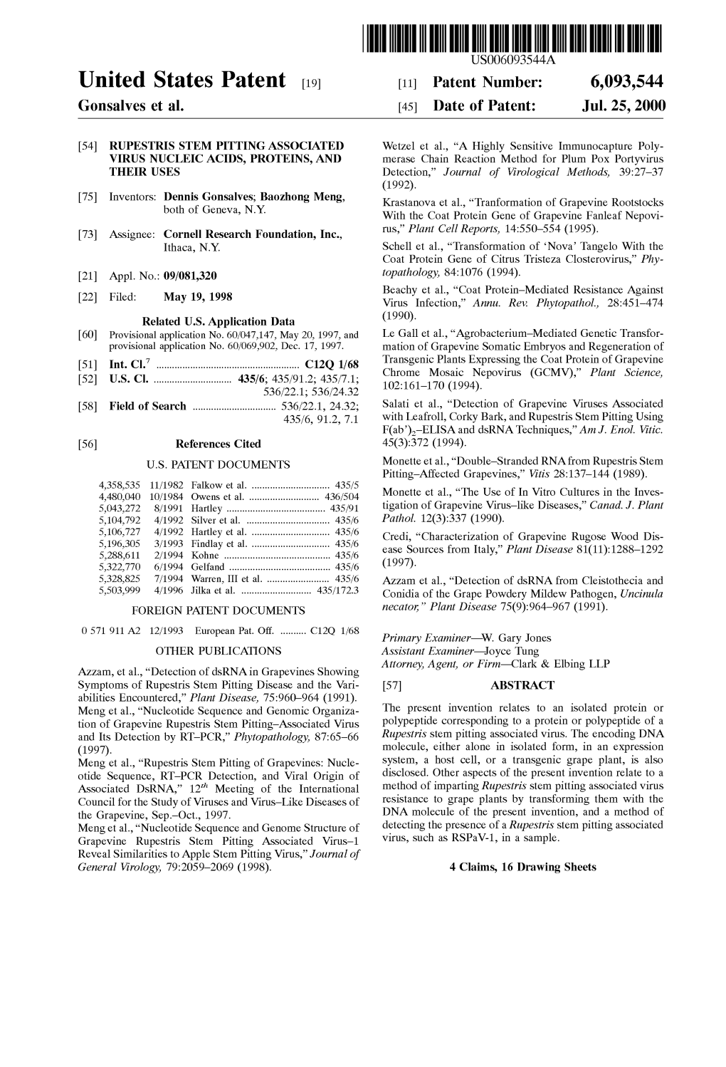 United States Patent (19) 11 Patent Number: 6,093,544 Gonsalves Et Al