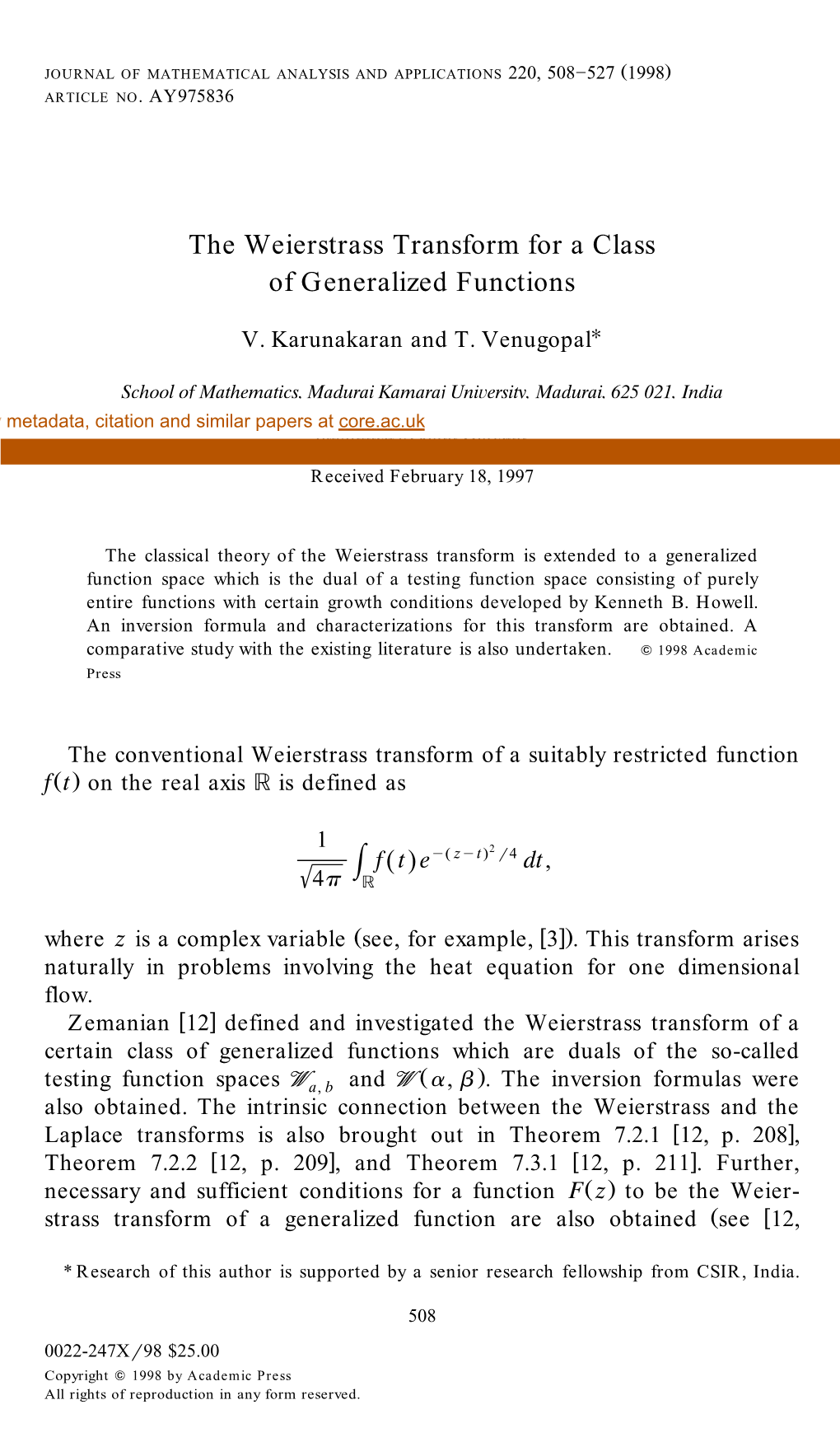 The Weierstrass Transform for a Class of Generalized Functions
