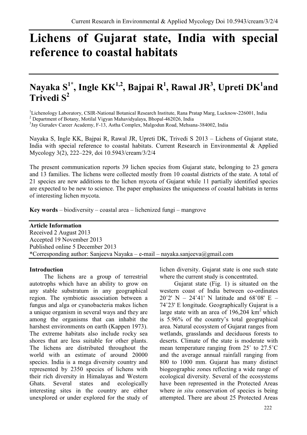 Lichens of Gujarat State, India with Special Reference to Coastal Habitats