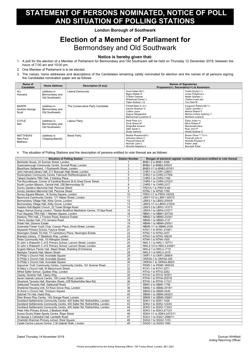 Statement of Persons Nominated & Notice of Poll & Situation of Polling Stations