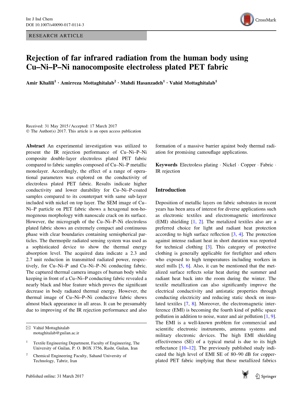 Rejection of Far Infrared Radiation from the Human Body Using Cu–Ni–P–Ni Nanocomposite Electroless Plated PET Fabric