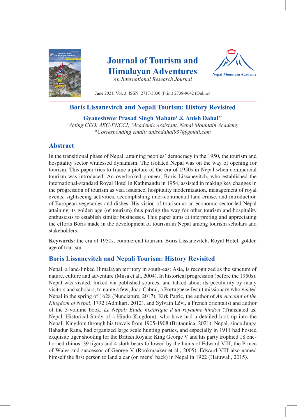 Journal of Tourism and Himalayan Adventures, Vol