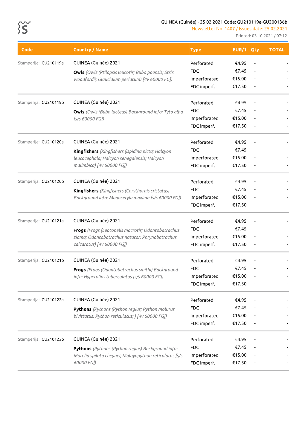 Price List of GUINEA (Guinée)