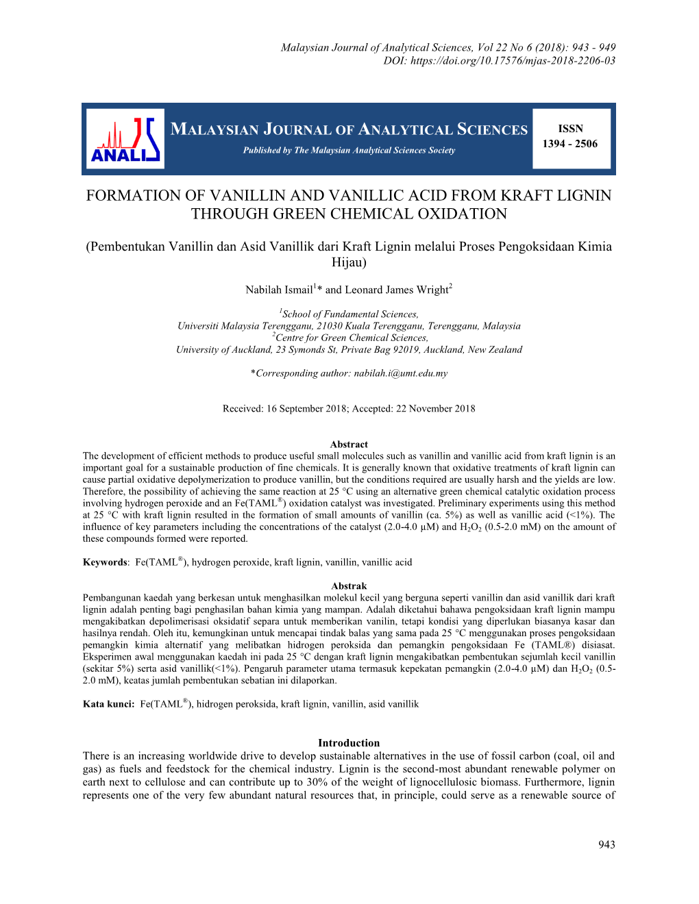 Formation of Vanillin and Vanillic Acid from Kraft Lignin Through Green Chemical Oxidation