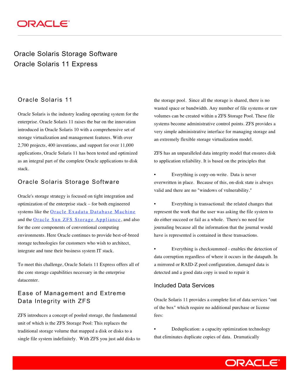 Oracle Solaris Storage Software Oracle Solaris 11 Express