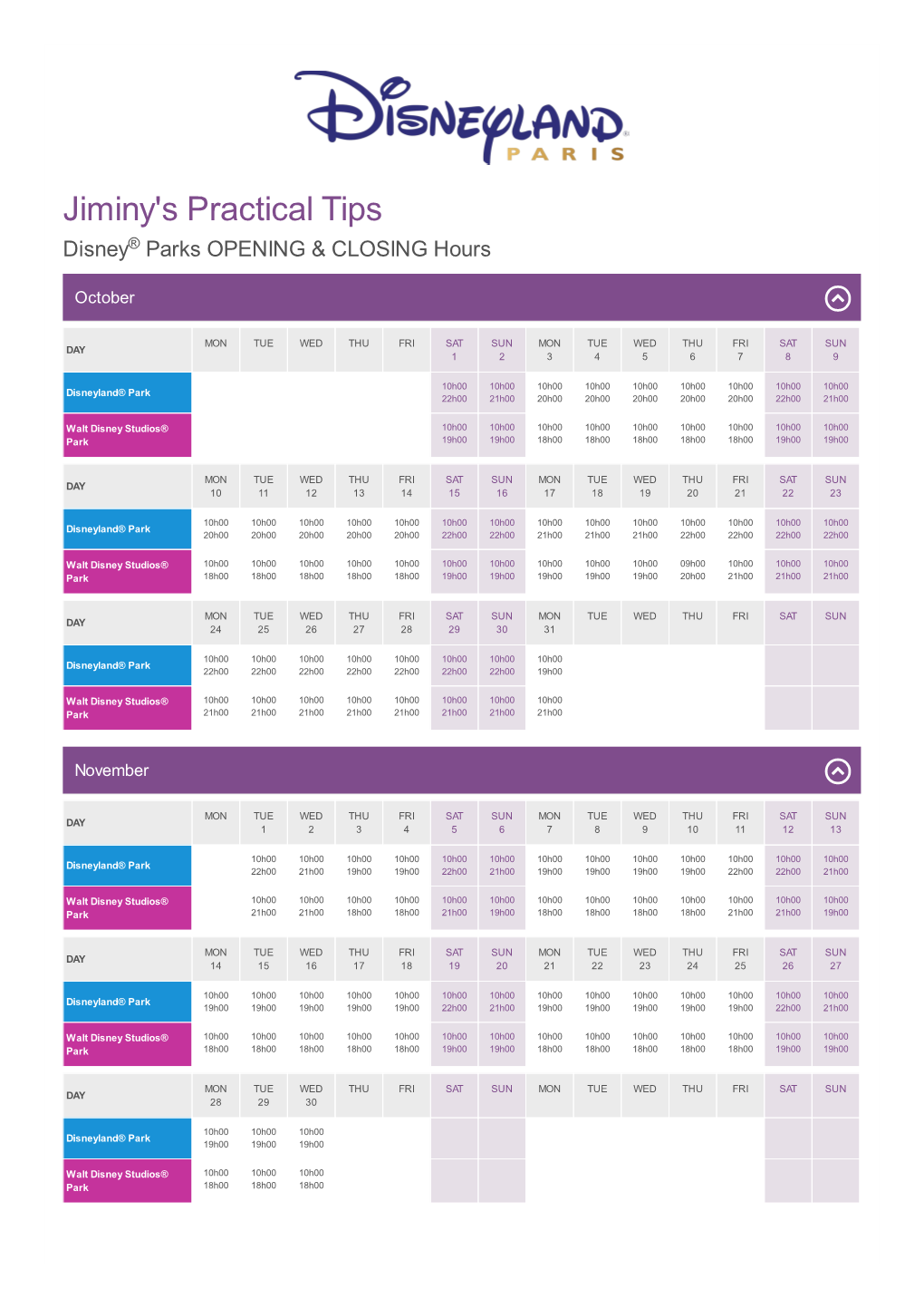 Jiminy's Practical Tips Disney® Parks OPENING & CLOSING Hours