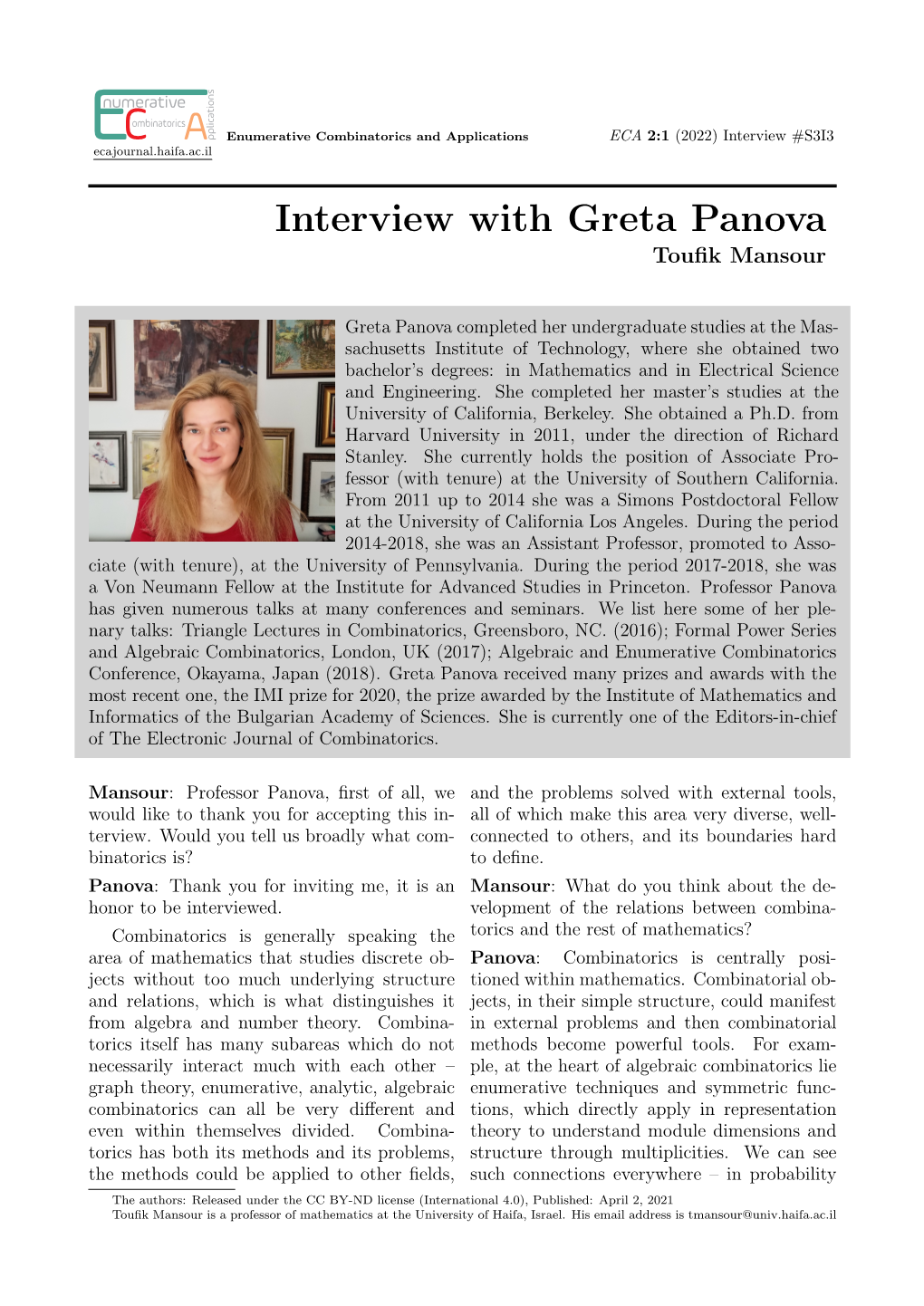 Interview with Greta Panova Touﬁk Mansour