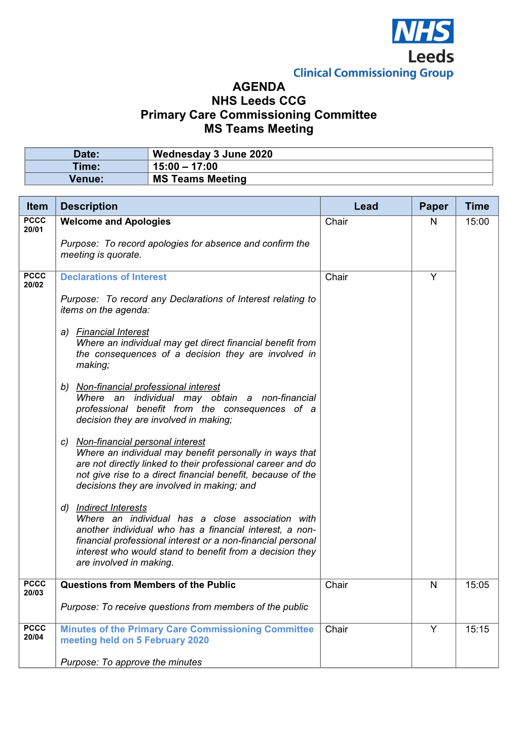 AGENDA NHS Leeds CCG Primary Care Commissioning Committee MS Teams Meeting