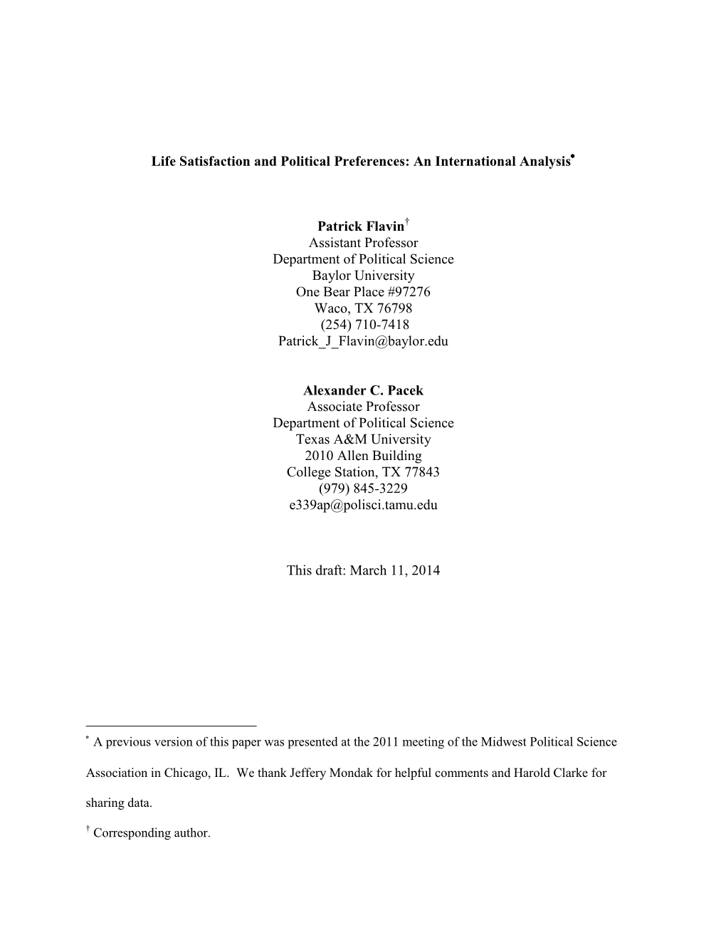 Life Satisfaction and Political Preferences: an International Analysis