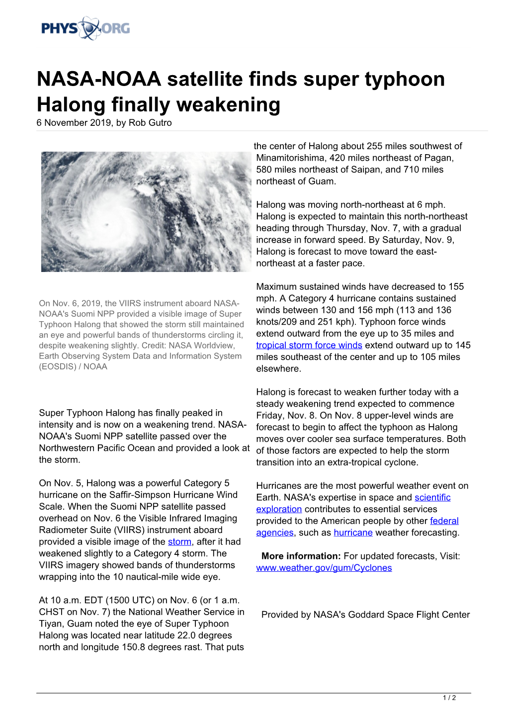 NASA-NOAA Satellite Finds Super Typhoon Halong Finally Weakening 6 November 2019, by Rob Gutro