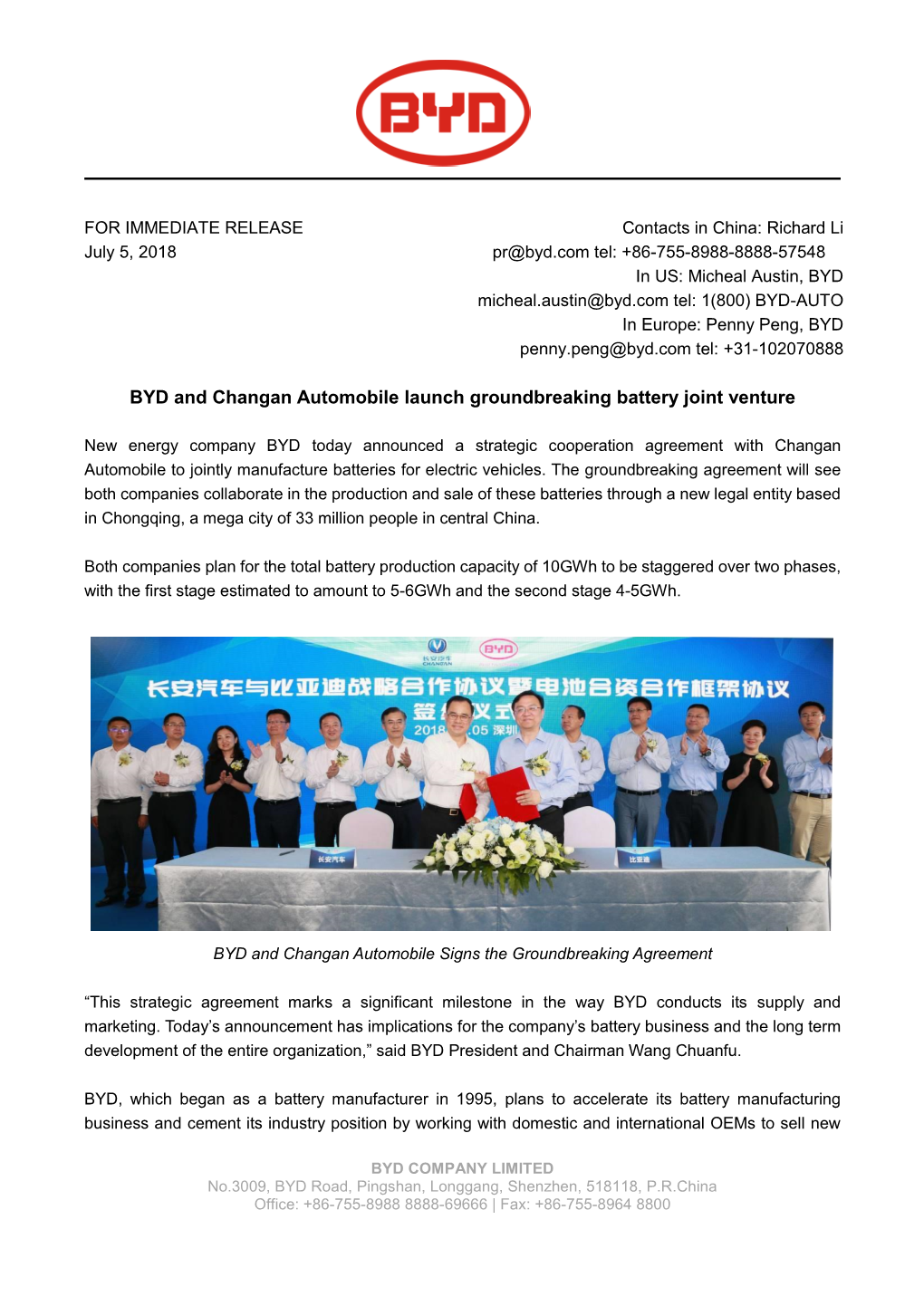 BYD and Changan Automobile Launch Groundbreaking Battery Joint Venture