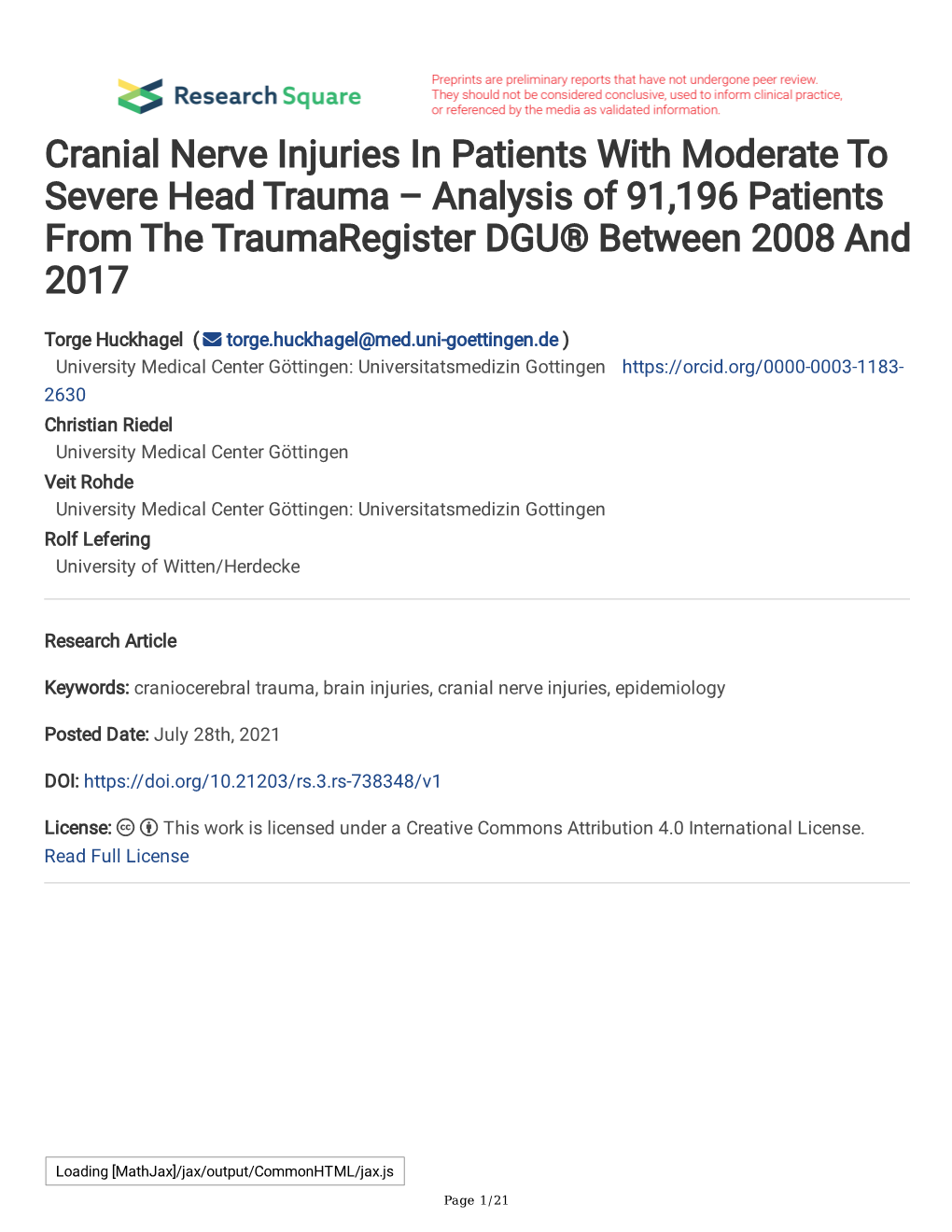 Cranial Nerve Injuries in Patients with Moderate to Severe Head Trauma – Analysis of 91,196 Patients from the Traumaregister DGU® Between 2008 and 2017