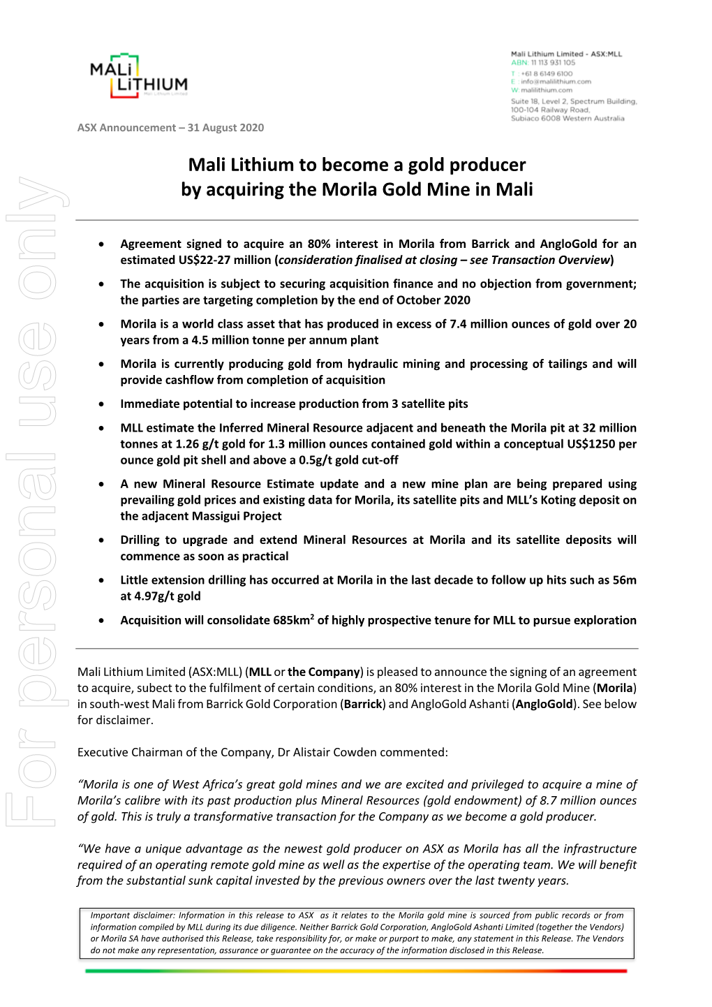 Mali Lithium to Become a Gold Producer by Acquiring the Morila Gold Mine in Mali