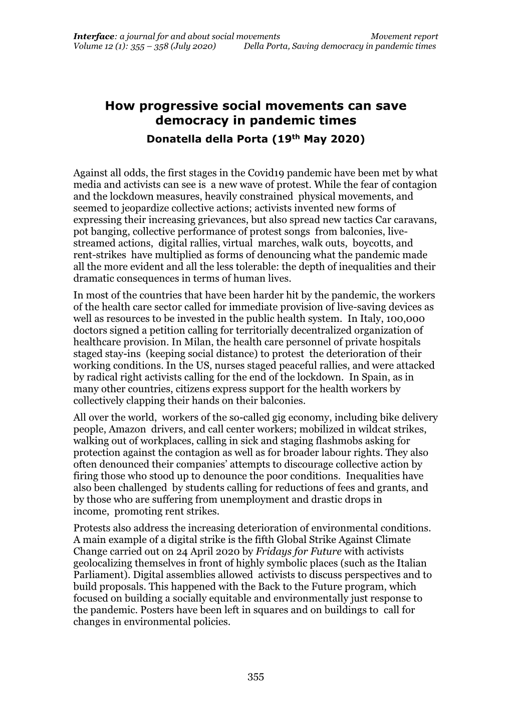 How Progressive Social Movements Can Save Democracy in Pandemic Times Donatella Della Porta (19Th May 2020)