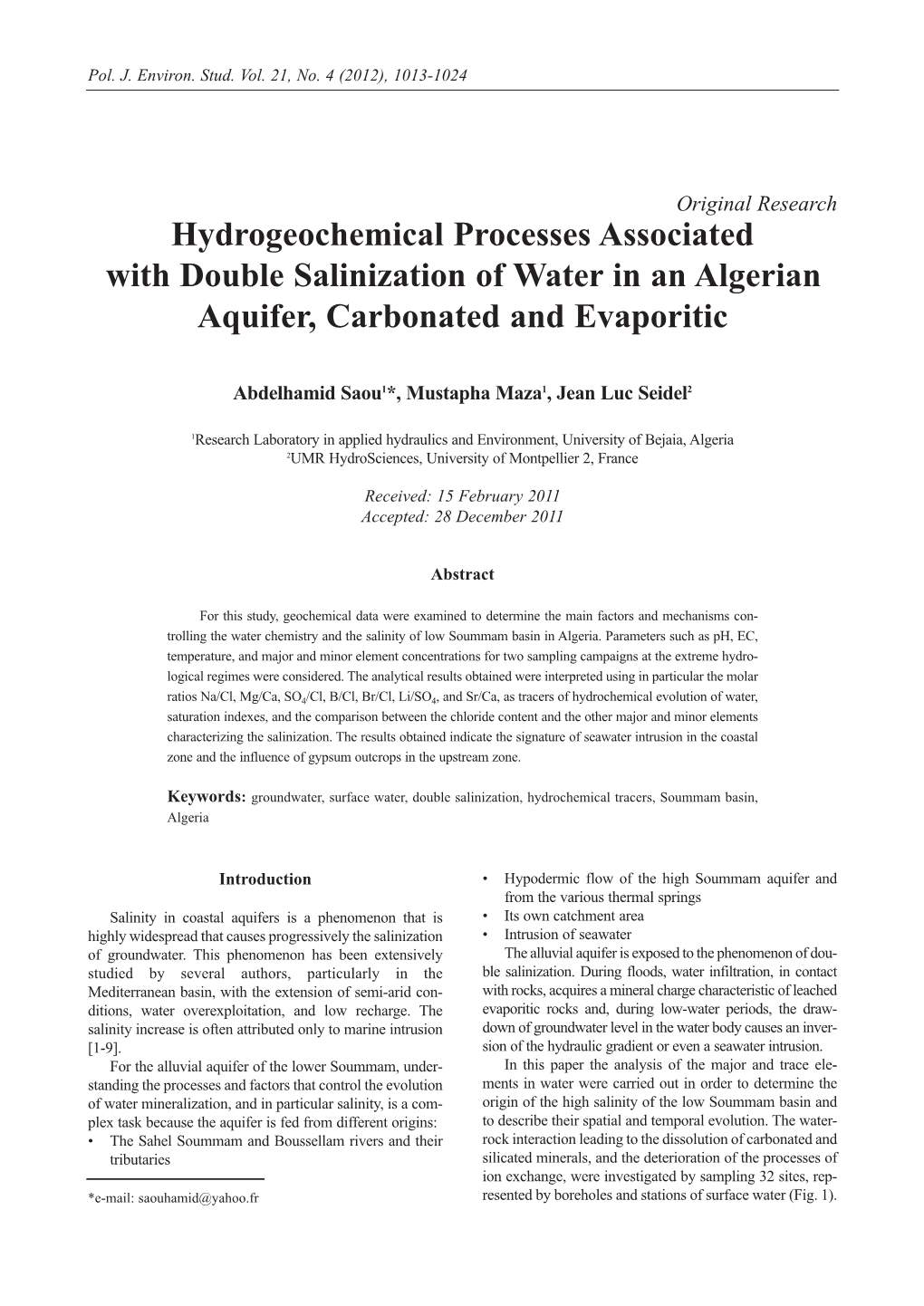 Hydrogeochemical Processes Associated with Double Salinization of Water in an Algerian Aquifer, Carbonated and Evaporitic