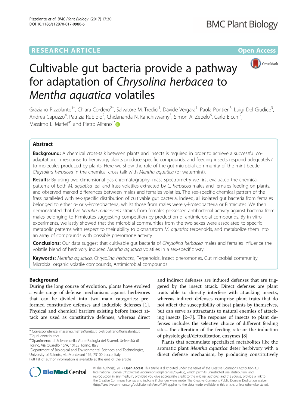 Cultivable Gut Bacteria Provide a Pathway for Adaptation of Chrysolina Herbacea to Mentha Aquatica Volatiles Graziano Pizzolante1†, Chiara Cordero2†, Salvatore M