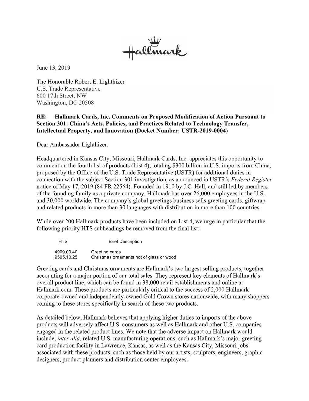 2019 06 13 USTR Written Statement Hallmark V6 Final