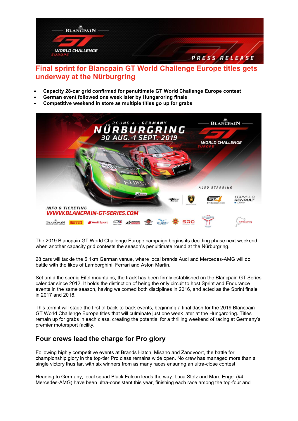 Final Sprint for Blancpain GT World Challenge Europe Titles Gets Underway at the Nürburgring