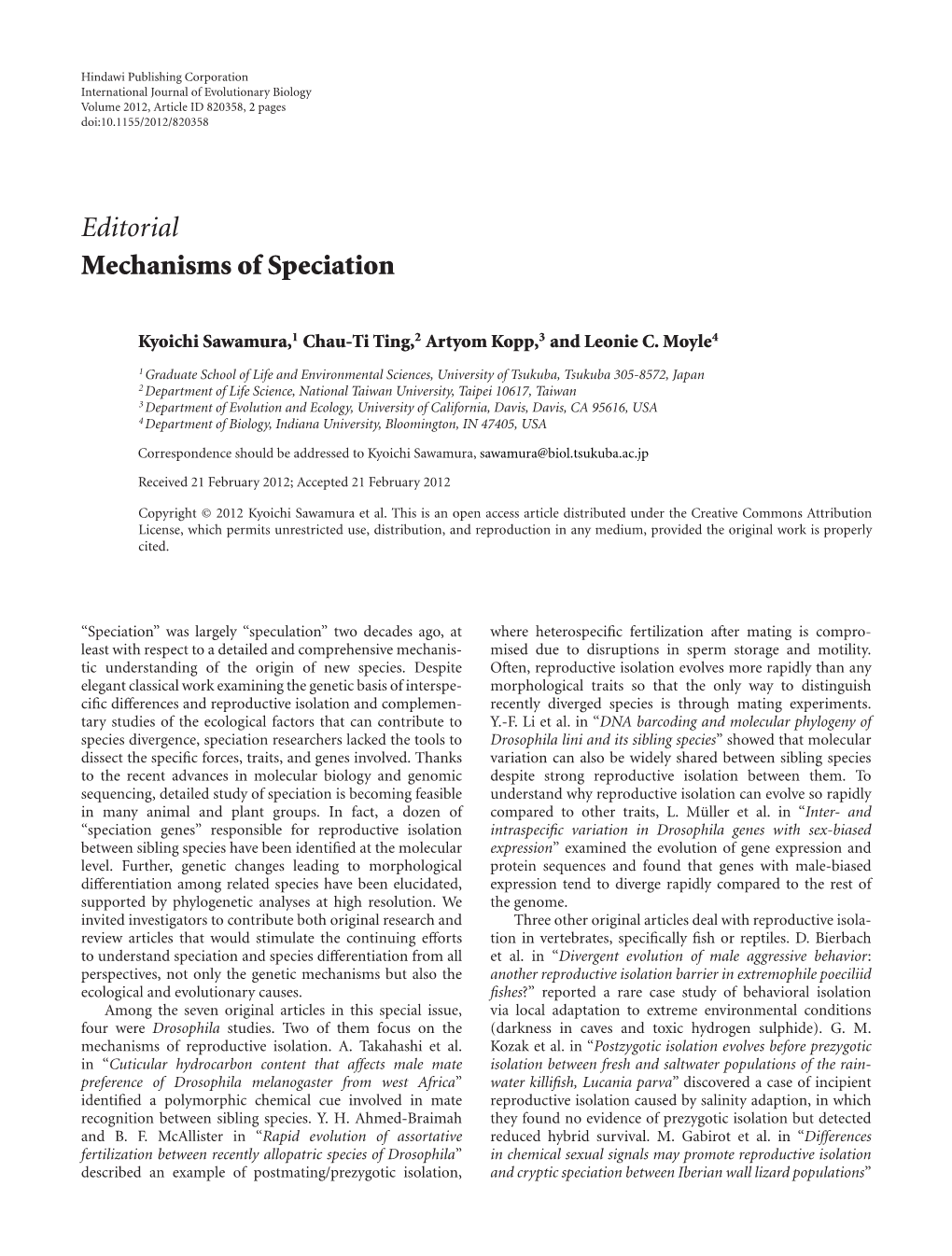 Editorial Mechanisms of Speciation