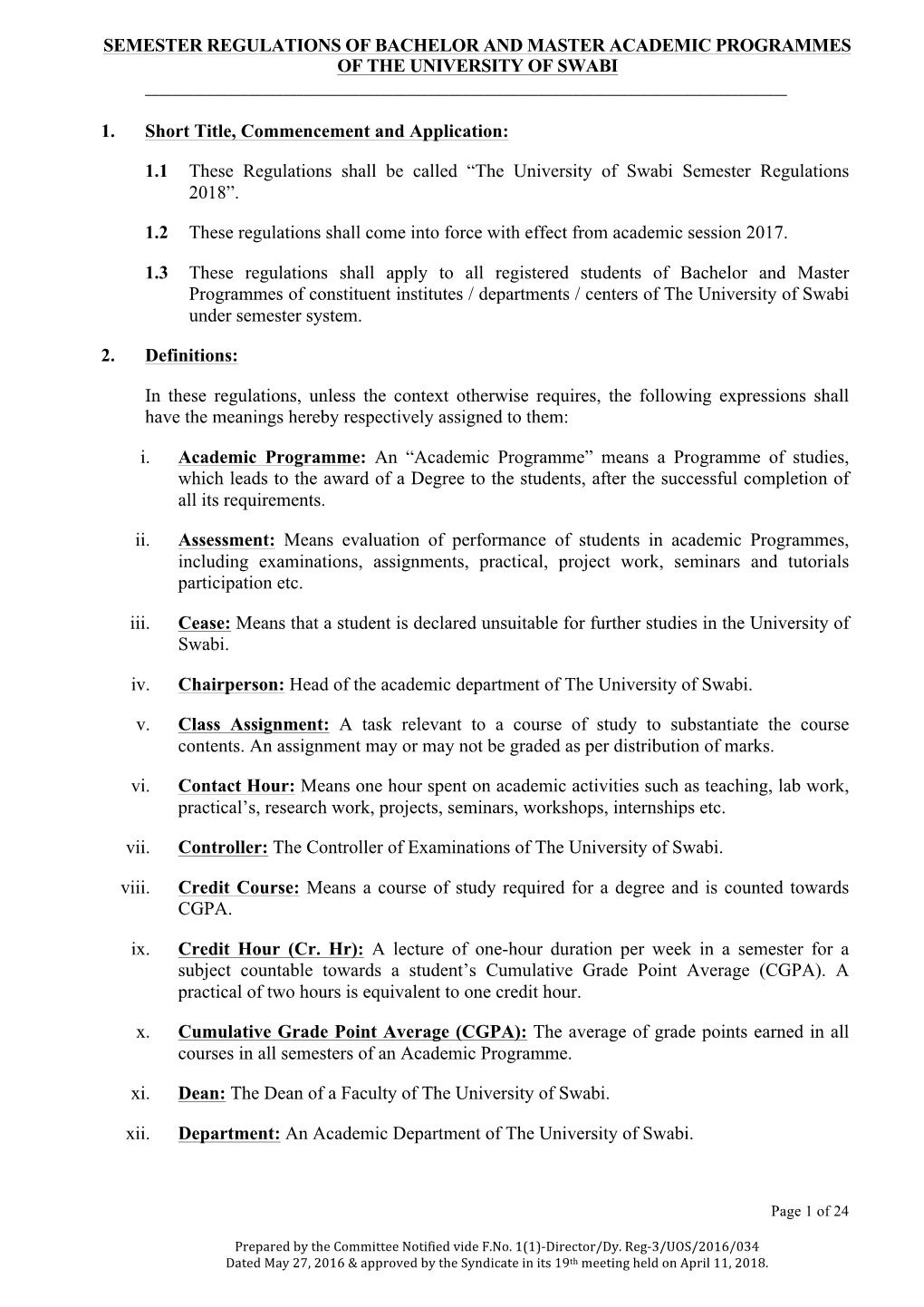 Approved Semester Regulations 19Th Meeting of Syndicate