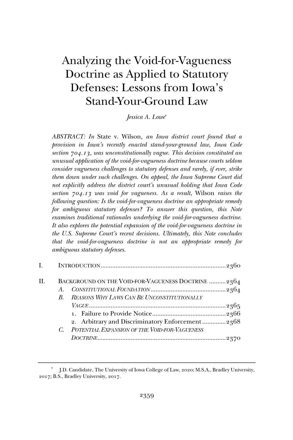 Analyzing the Void-For-Vagueness Doctrine As Applied to Statutory Defenses: Lessons from Iowa’S Stand-Your-Ground Law