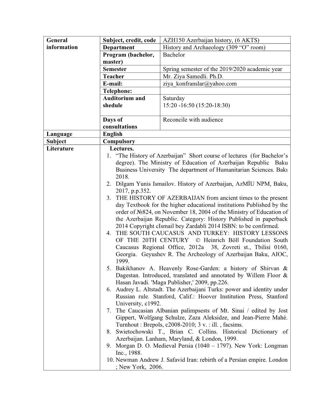 Department History and Archaeology (309 “O” Room) Program (Bachelor, Bachelor Master) Semester Spring Semester of the 2019/2020 Academic Year Teacher Mr