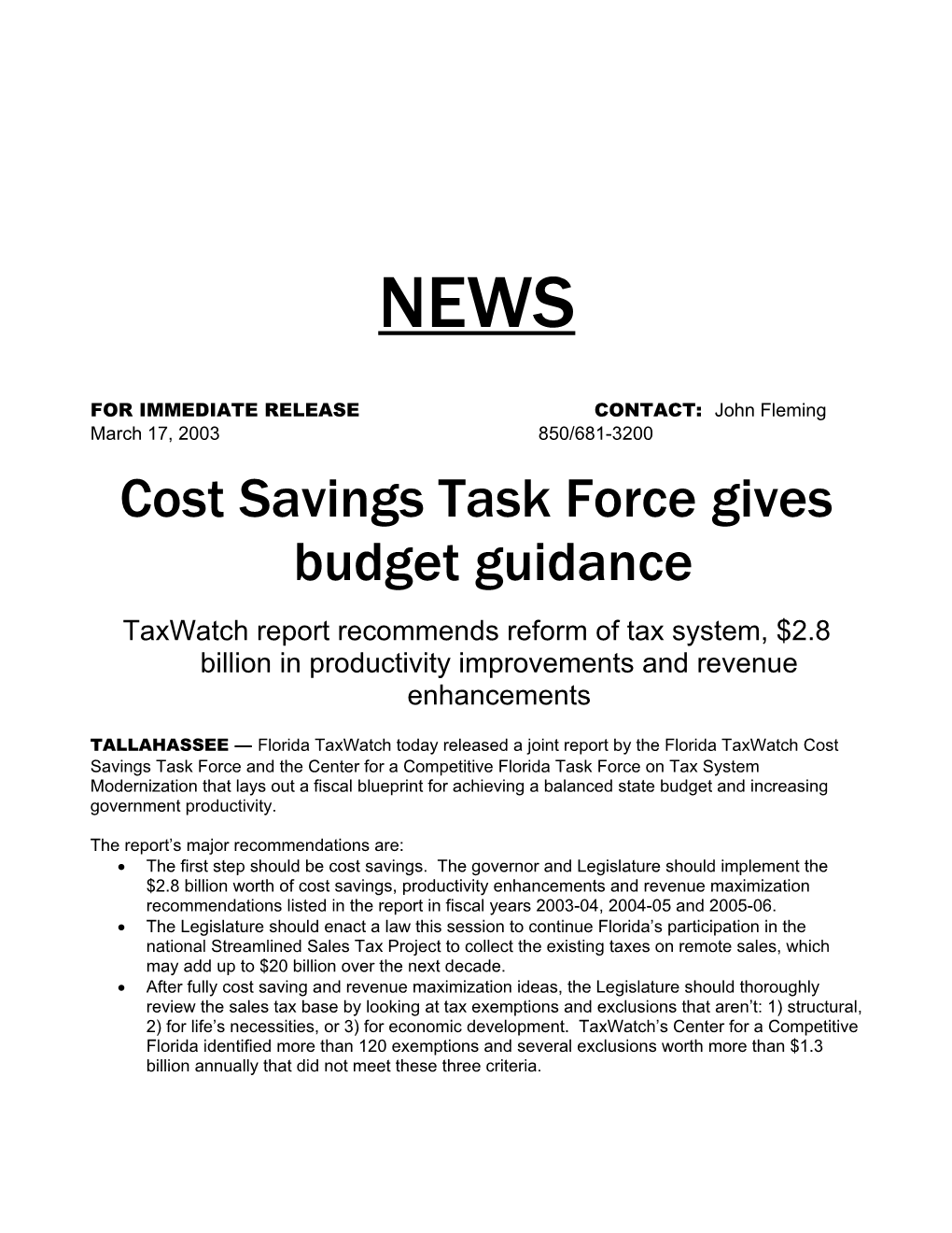 Cost Savings Task Force Gives Budget Guidance