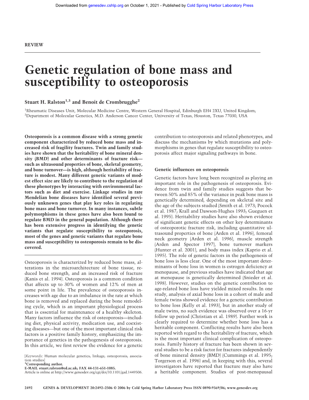 Genetic Regulation of Bone Mass and Susceptibility to Osteoporosis