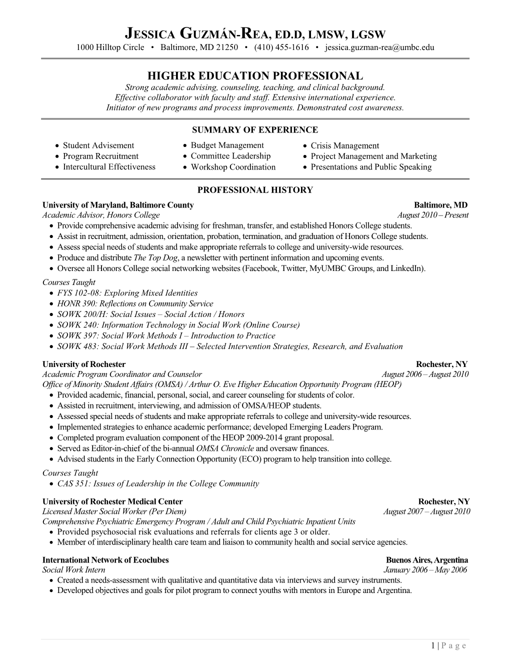 JESSICA GUZMÁN-REA, ED.D, LMSW, LGSW 1000 Hilltop Circle • Baltimore, MD 21250 • (410) 455-1616 • Jessica.Guzman-Rea@Umbc.Edu