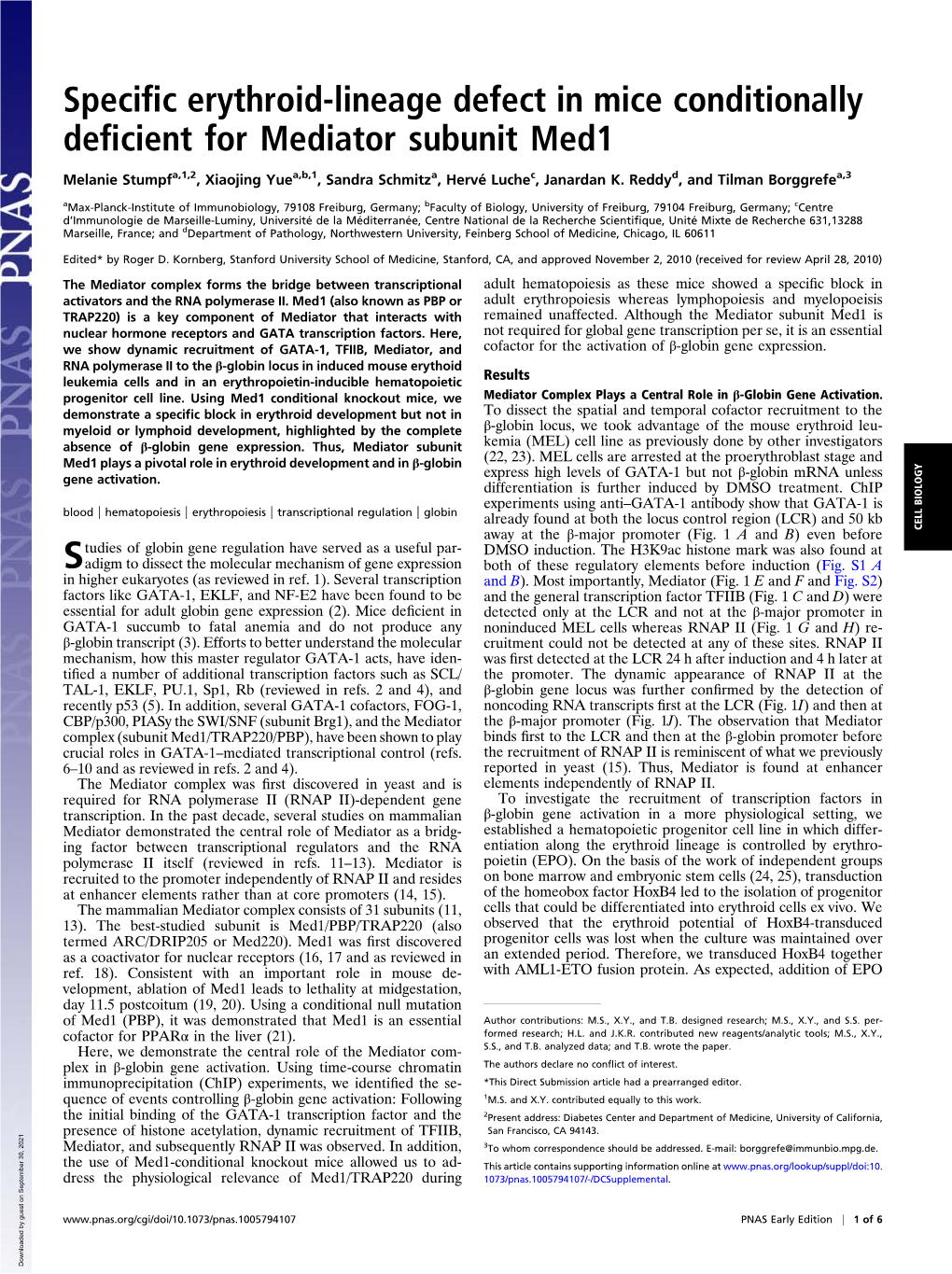 Specific Erythroid-Lineage Defect in Mice Conditionally Deficient