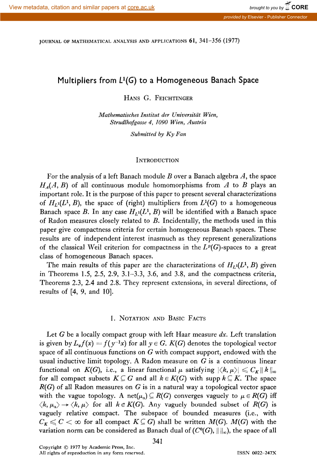 Multipliers from L1(G) to a Homogeneous Banach Space