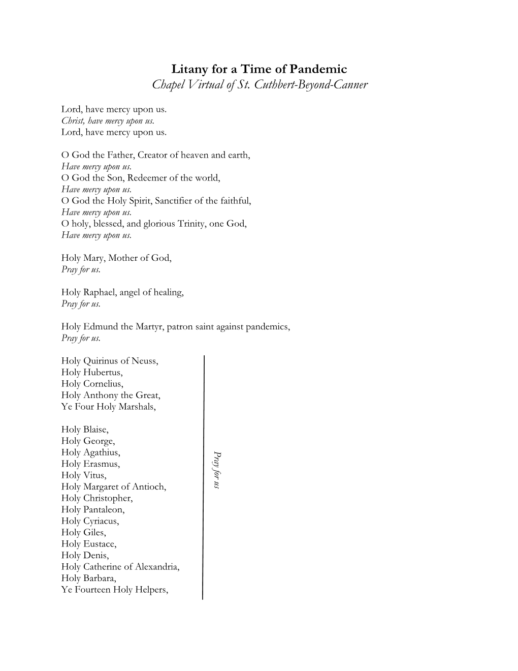 Litany for a Time of Pandemic Chapel Virtual of St. Cuthbert-Beyond-Canner